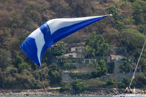 You too can swing from a spinnaker on the catamaran 